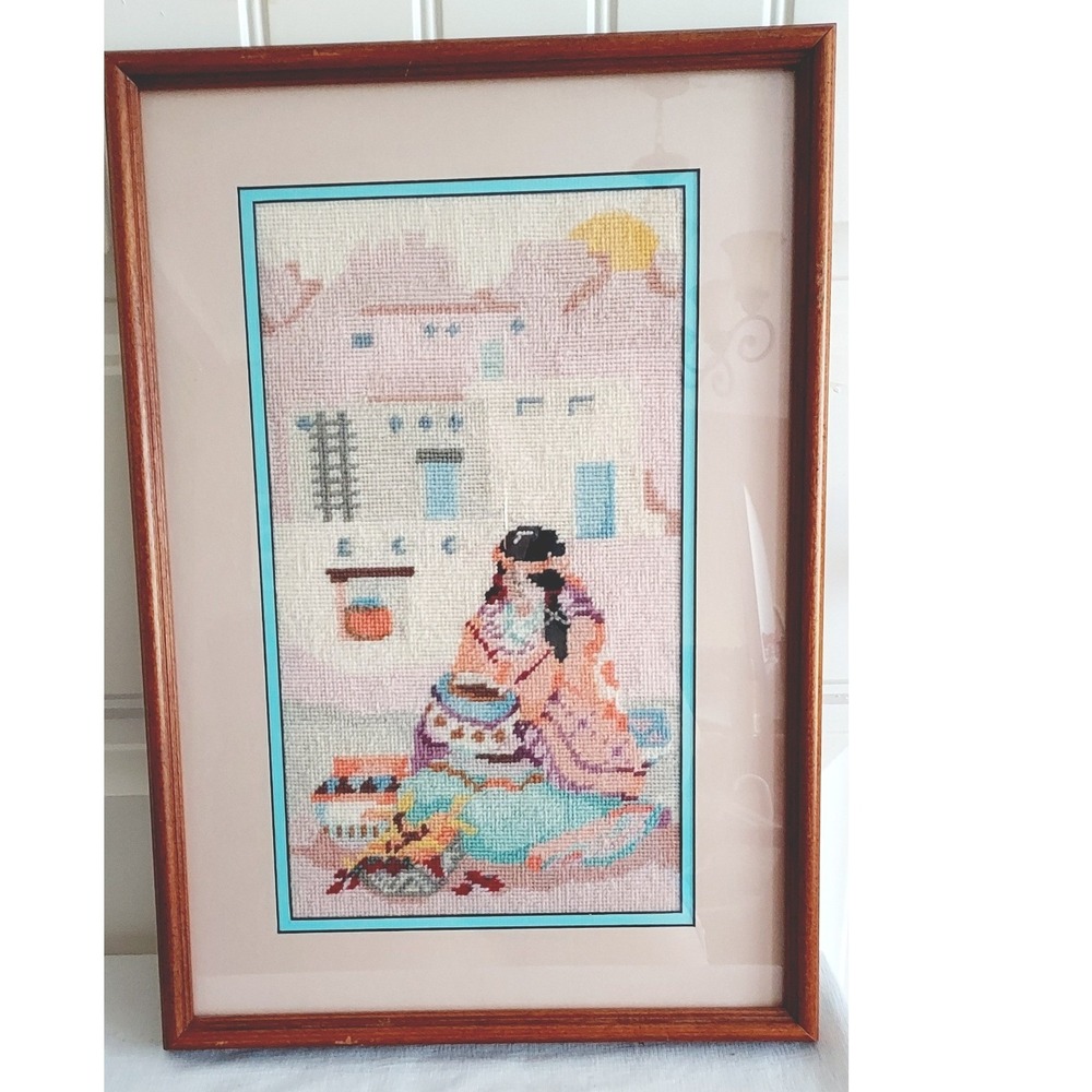 Southwest Needlepoint Wall Art Framed Native American Woman Pueblo Boho Folk Art